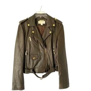 Michael Michael Kors Olive Green Leather Moto Biker Fitted Jacket Medium